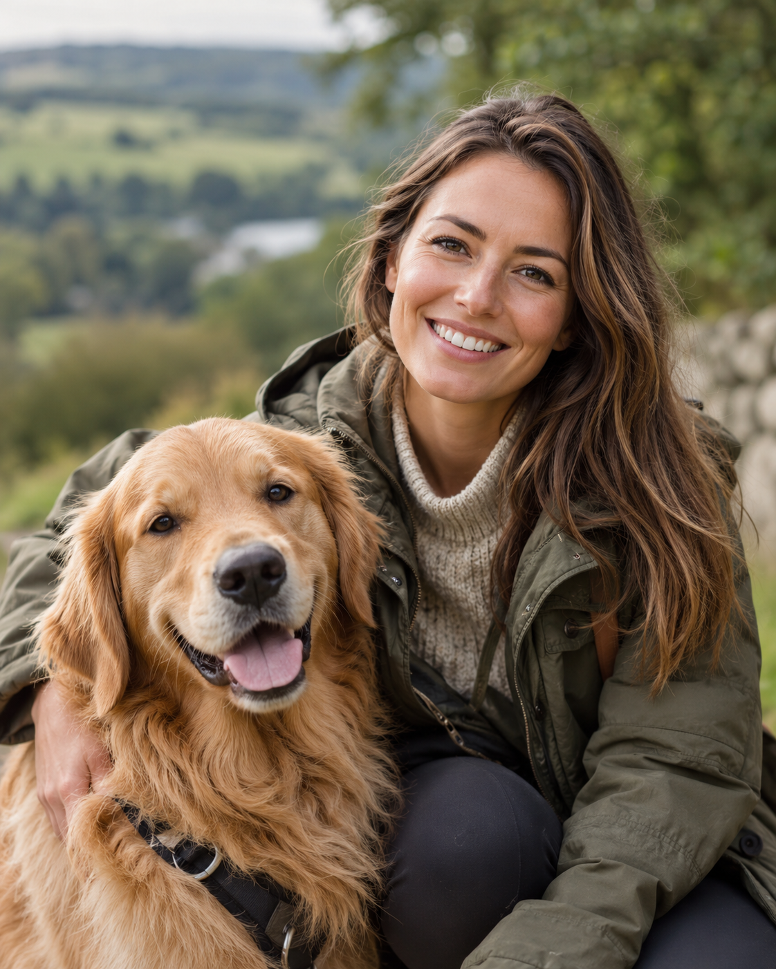 Illustrative portrait of a woman with a golden retriever. This is a placeholder, not a photograph of Rachel.