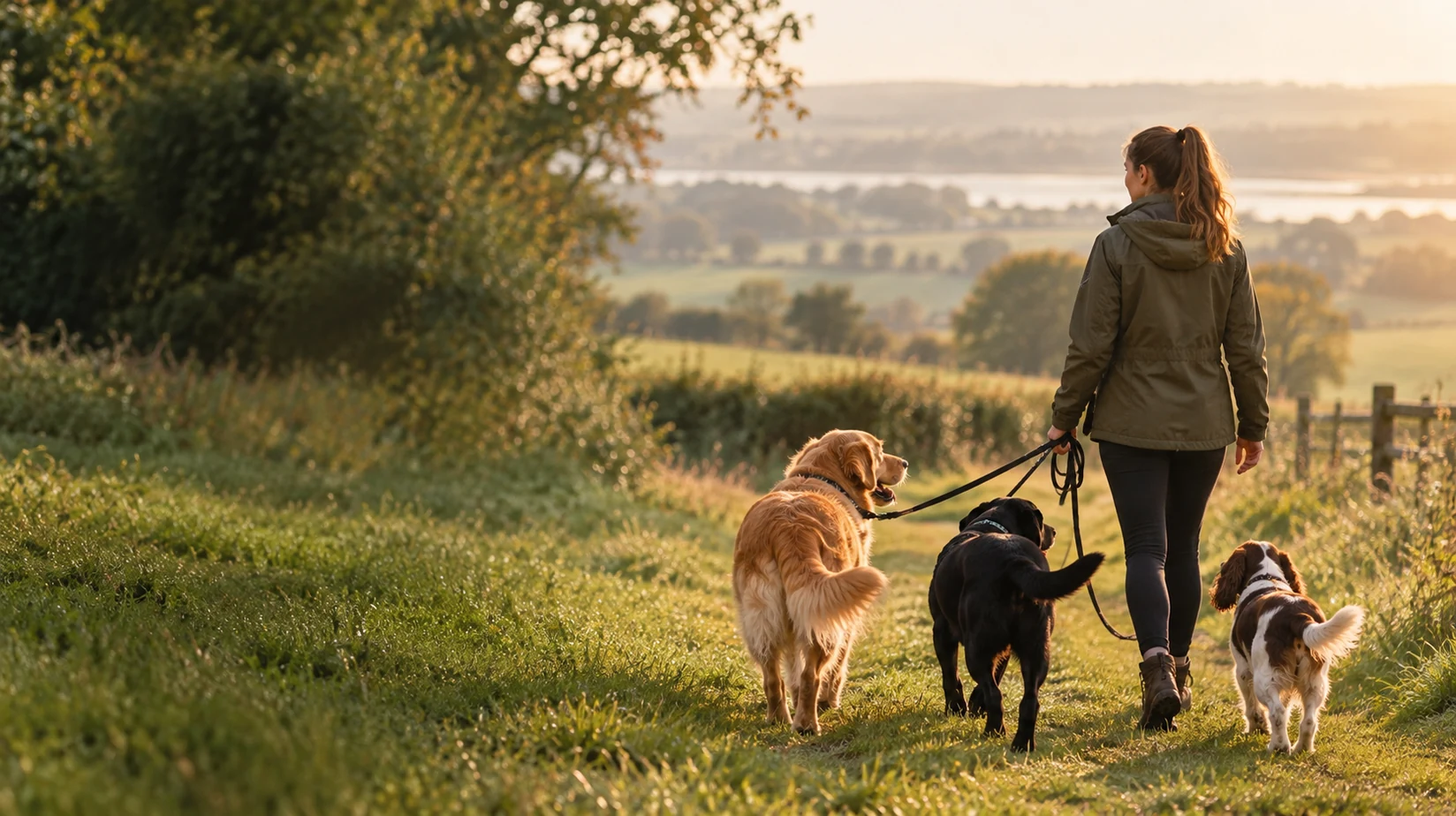 Illustrative image of a dog walker leading three dogs across a sunlit meadow