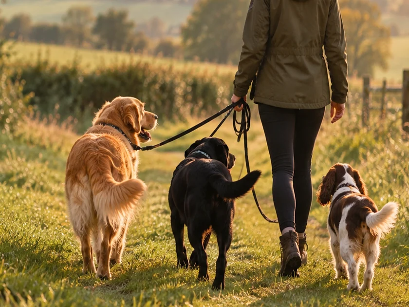 Illustrative stock image of several dogs walking together in the countryside